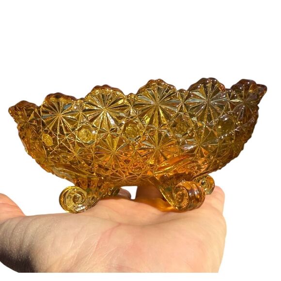 Vintage LG Wright Fenton Daisy & Buttons Amber Glass Footed Oval Dish Bowl 5” - Picture 3 of 9